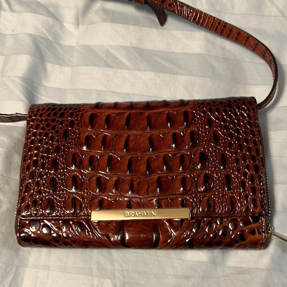 Brahmin Pecan Croc Crossbody Wallet.